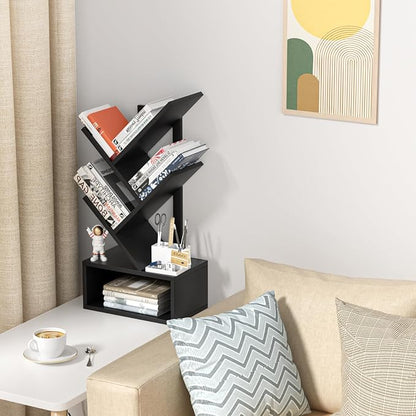 SHEEPAM Small Tree Book Shelf,5 Tier Black Tree Bookshelf,Black Desktop Bookcase,Modern Desk Display Storage Bookshelves,Floor Standing Organizer Bookcases for Living Room,Bedroom,Office