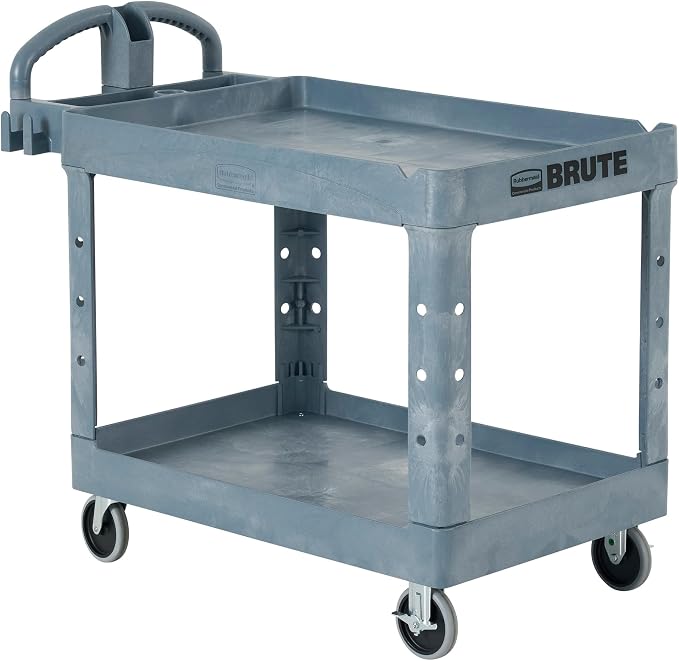 Rubbermaid Commercial Products BRUTE Heavy Duty 2-Shelf Utility/Service Cart, Medium, Lipped Shelves, Ergonomic Handle, 500 lbs. Capacity, Gray, for Warehouse/Garage/Cleaning/Maintenance/Stadiums