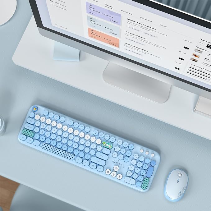 MOFII Wireless Keyboard and Mouse Combo, Full Size 2.4G Plug and Play Typewriter Retro Round Computer Keyboard and Mouse Set for Windows, Computer, Desktop, PC, Notebook - (Blue Colorful)