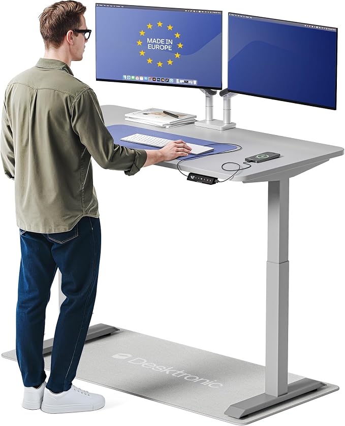 Desktronic HomeOne Standing Desk 54x28 — Ergonomic Sit Stand Home Office Desk, Made in Europe, Electric Dual Motor Height Adjustable, USB & USB-C Charging, Wobble-Free, Touchscreen, 3 Memory Presets