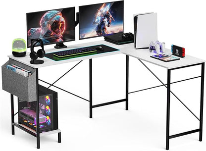 L Shaped Desk Gaming Computer 50 Inch Reversible Corner Table PC Work Table for Writing Study Student with Wood Tabletop Metal Frame CPU Stand Side Bag for Home Office Small Place