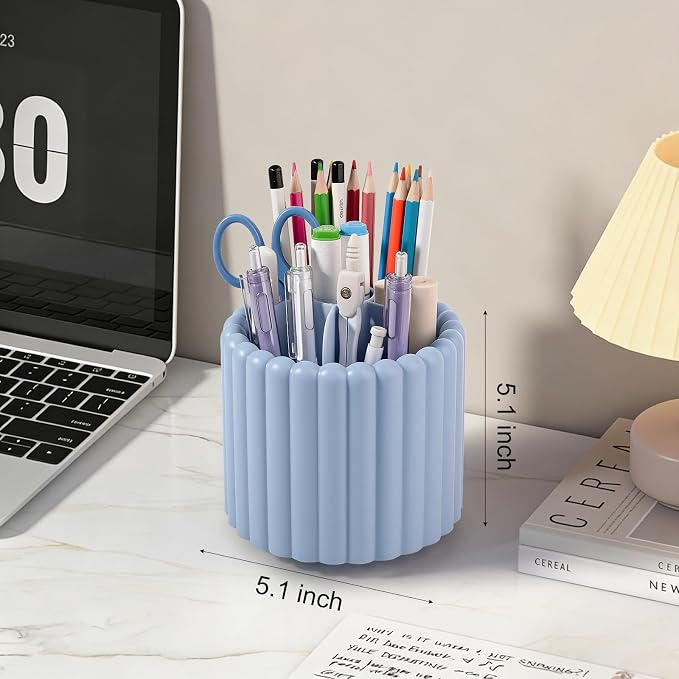 Anyoifax 360° Rotating Pen Holder 7 Slots Desk Organizer Removable Pencil Cup Plastic Art Supplies and Accessories Desktop Storage Box Caddy for Office, School, Home (Blue)