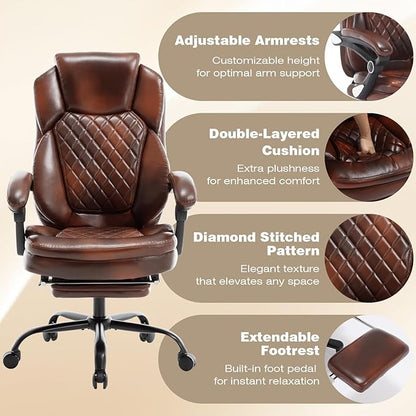 400lbs Reclining Office Desk Chair with Footrest, Managerial Executive Chair Lounge Chair for Office, Plus Size Brown Leather Recliner Office Chairs