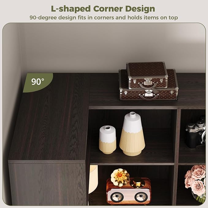 IRONCK Corner Bookshelf, 76" Tall Corner Bookshelves, 6 Tiers L-Shaped Bookcase with 10 Open Shelves and 2 Storage Drawers for Living Room or Home Office, Dark Brown