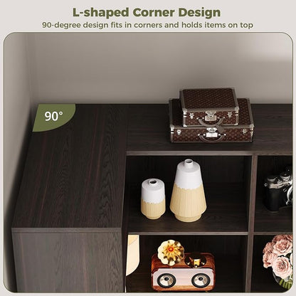 IRONCK Corner Bookshelf, 76" Tall Corner Bookshelves, 6 Tiers L-Shaped Bookcase with 10 Open Shelves and 2 Storage Drawers for Living Room or Home Office, Dark Brown