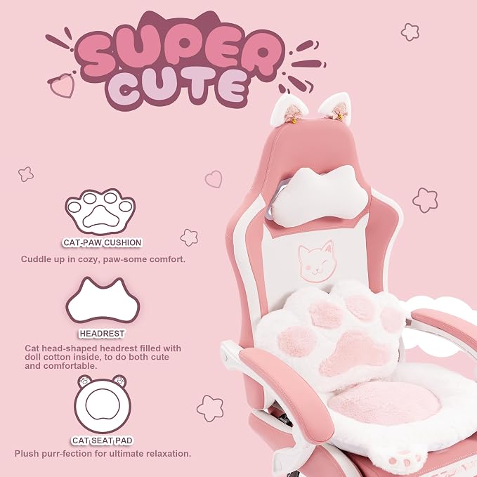 Dowinx Pink Gaming Chair with Cat Ears and Massage Lumbar Support, Ergonomic Computer Chair with Footrest and Headrest, Comfortable Reclining Game Chair 290lbs for Adults, Pink