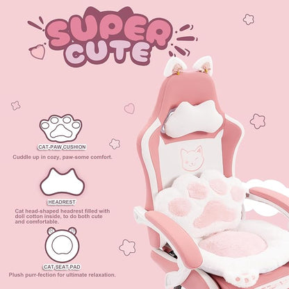 Dowinx Pink Gaming Chair with Cat Ears and Massage Lumbar Support, Ergonomic Computer Chair with Footrest and Headrest, Comfortable Reclining Game Chair 290lbs for Adults, Pink