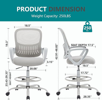 DUMOS Ergonomic Drafting Chair, Tall Office for Standing Desk, Counter with Height Adjustable and Comfortable Lumbar Support, Fixed Armrests, for Bedroom Livingroom, Dove Gray