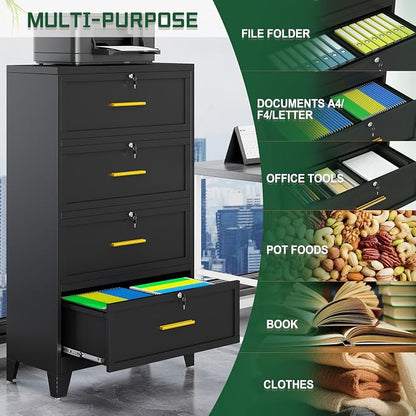 erosoei 4 Drawer File Cabinet with Lock, Metal Lateral File Cabinets for Home Office, Steel Wide Filing Organization Storage Cabinets, Home Office Furniture for Hanging Files Letter/Legal/F4/A4 Size