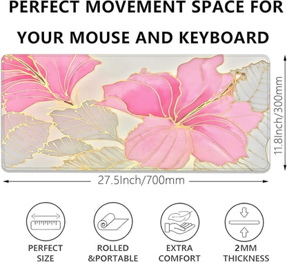 Abstract Floral Mouse Pad Desk Mat,Pink and Gold Extended Gaming Mouse Pad with Stitched Edges,Non-Slip Waterproof Rubber Base for Office,Computer,Keyboard,Laptop and Home Desk Pad(27.5X11.8 in)