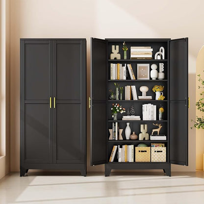 pozdeg 75" Tall Metal Storage Cabinet with 2 Doors & 5 Adjustable Shelves, Widen Steel File Cabinet Multipurpose Organizer for Home Office Garage (Black)