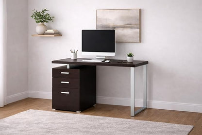 CARTESIAN Vertex Reversible 47 Inch Office Computer Desk with 3 Drawers, Cappuccino Finish, Silver Metal Frame