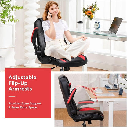 COMHOMA Office Computer Gaming Chair Ergonomic Desk Chair for Adults with Lumbar Support Flip-Up Arms Adjustable Height Swivel Wheels PU Leather Executive Design for Short People Use, Red