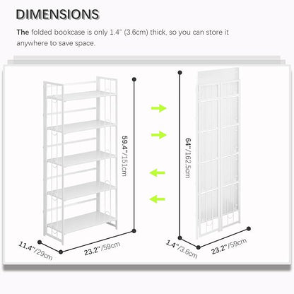 4NM No Assembly 5 Tiers Folding Bookshelf, 59.4" H Foldable Storage Shelves Vintage Bookcase Standing Racks Study Organizer Home Office - All White