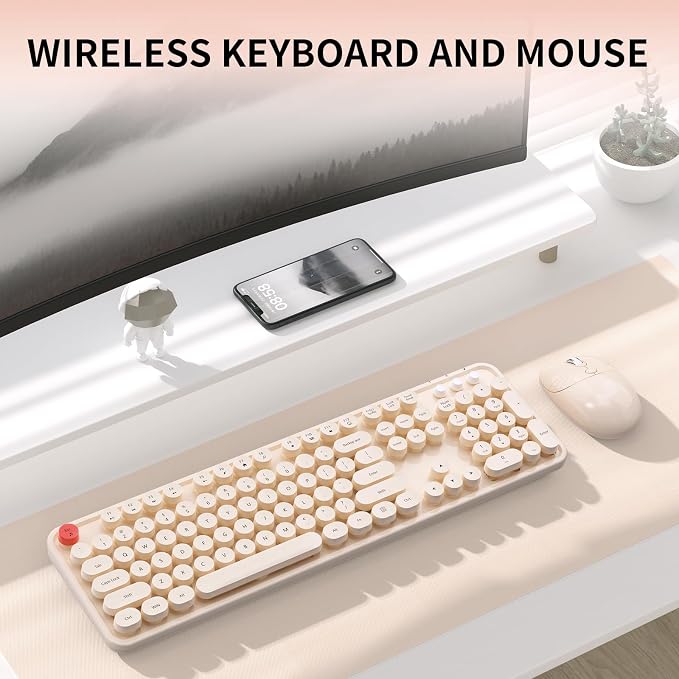 Wireless Keyboard and Mouse, MOFII 104 Round Keycaps Retro Typewriter with OTG & Brush, Full-Size Ergonomic, Ideal for Windows PC, Home, Office and College Brown