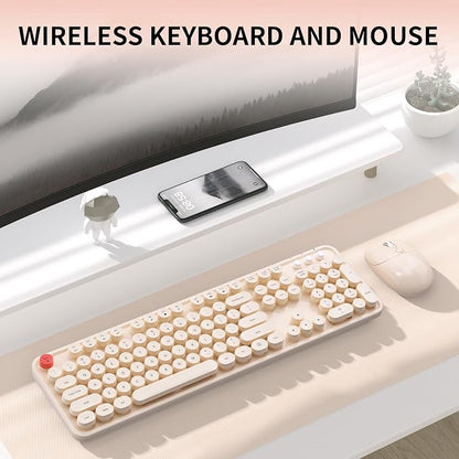 Wireless Keyboard and Mouse, MOFII 104 Round Keycaps Retro Typewriter with OTG & Brush, Full-Size Ergonomic, Ideal for Windows PC, Home, Office and College Brown