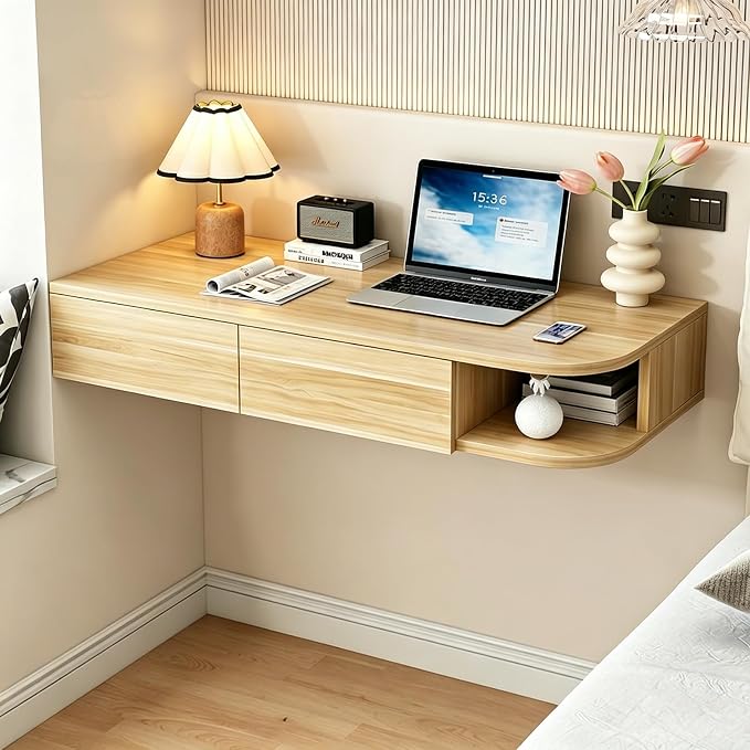 Corner Floating Desk with Drawer, Wall Mounted Desk with Open Shelving, Floating Makeup Vanity with Storage, Scratch-Resistant, Space Saving, for Bedroom Living Room Small Spaces Apartment
