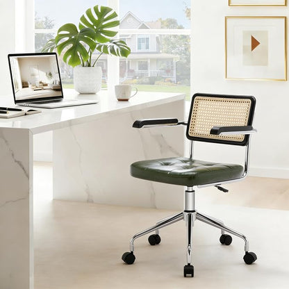 Zesthouse Modern Home Office Chair Leather Desk Chair with Rattan Back, Vanity Chair for Girls Women, Upholstered Tufted Swivel Armchair for Bedroom, Height Adjustable Computer Task Chair