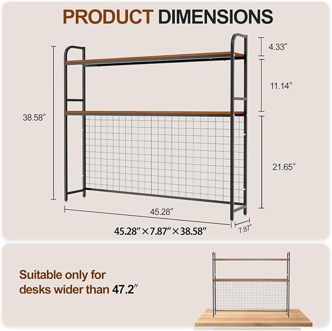 Desk Shelf, 2-Tier Desktop Hutch Bookshelf with Pegboard Hooks Set, Metal Table Top Bookcase for Computer, Freestanding Countertop Storage Organizer Rack for Dorm, Office & Home, Black, 45.3"