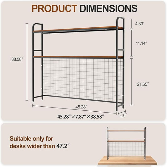 Desk Shelf, 2-Tier Desktop Hutch Bookshelf with Pegboard Hooks Set, Metal Table Top Bookcase for Computer, Freestanding Countertop Storage Organizer Rack for Dorm, Office & Home, Black, 45.3"