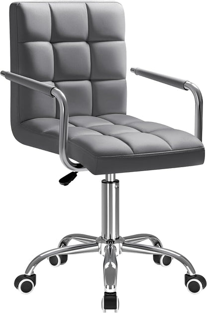 Furmax Vanity Office Chair with Wheels,Makeup PU Leather Executive Chair Modern Adjustable Home Desk Retro Comfortable Work Chair 360 Degree Swivel with Arms (Grey)