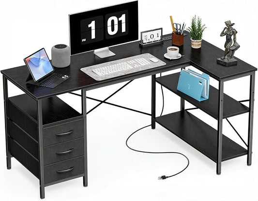 Alpen Computer Desk with Drawers, L Shaped Desk for Bedroom with Power Outlets, Gaming Table with Storage Shelves, Corner Desk for Gaming, Study Writing PC Table, 47.2 Inch, Black