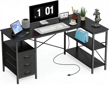 Alpen Computer Desk with Drawers, L Shaped Desk for Bedroom with Power Outlets, Gaming Table with Storage Shelves, Corner Desk for Gaming, Study Writing PC Table, 55 Inch, Black