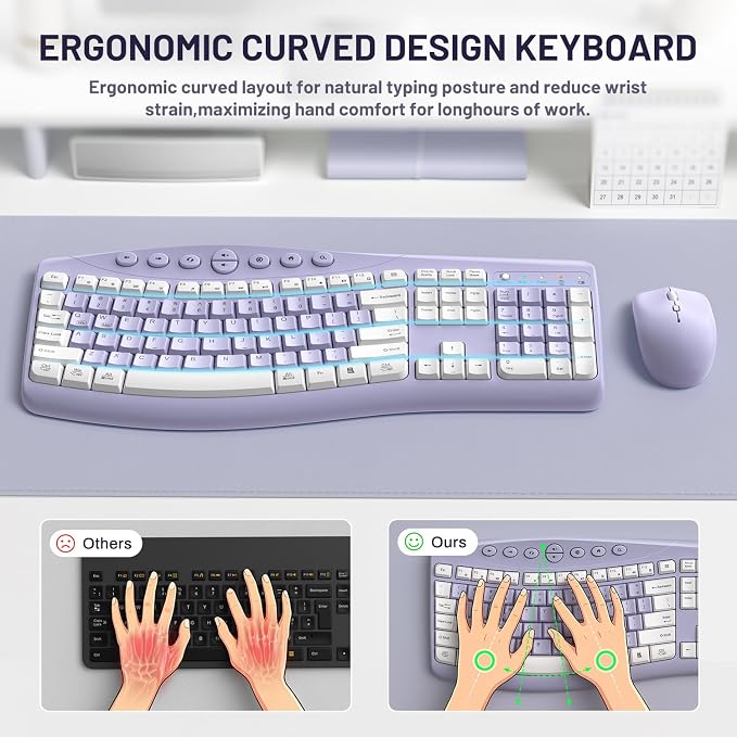 Wireless Keyboard and Mouse Combo,2.4G Full Size Ergonomic Curved Silent Keyboard with Fn Multimedia Keys for Office and Home, 3-DPI Quiet Mouse for Windows,Mac OS Desktop/Laptop/PC (Purple-A)