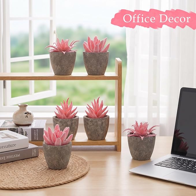 6 Pack Pink Succulents Plants Artificial in Pots, Fake Mini Planted Succulents Pink Room Office Desk Decor for Women
