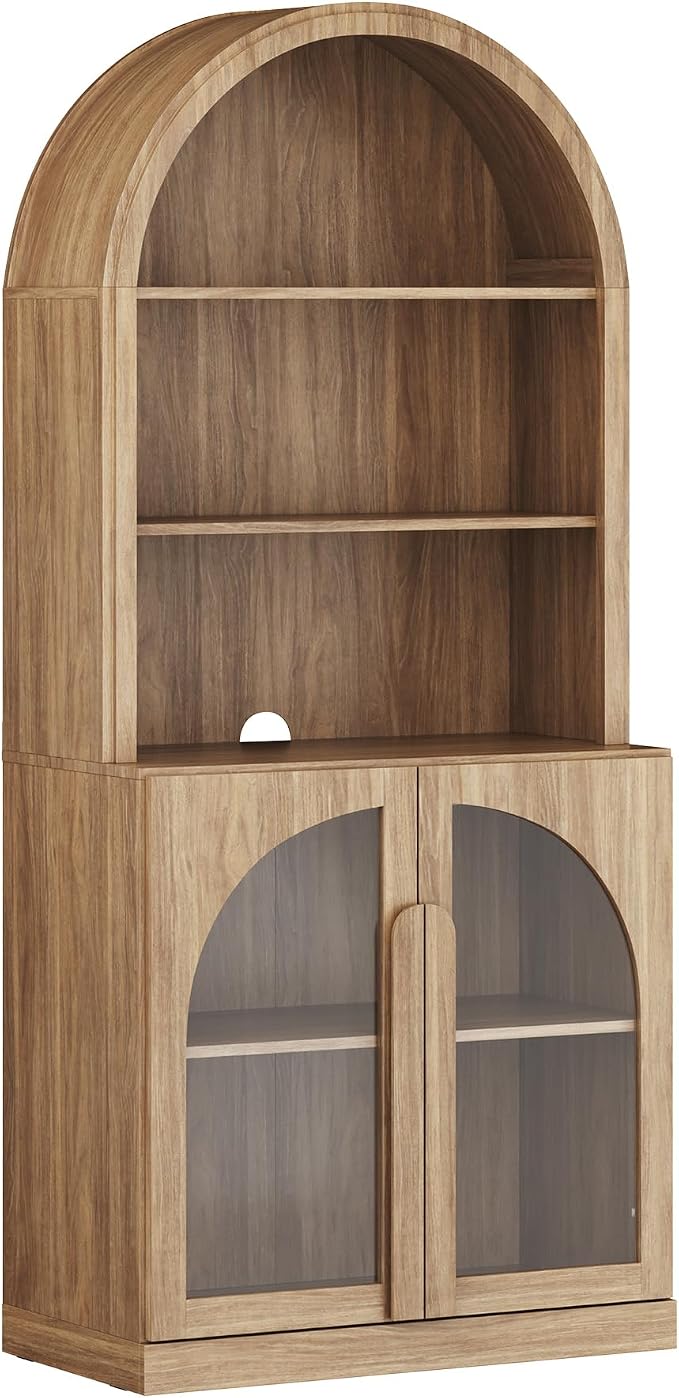 BELLEZE 71" Tall Storage Cabinet with Glass Door, Sideboard Buffet Cabinet with Adjustable Shelves for Pantry and Kitchen Organizing, 5-Tier Modern Storage Unit for Living Room Home Office, Camel