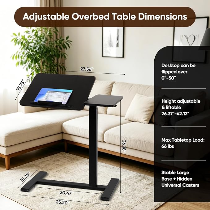 Adjustable Overbed Table with Tilt Board & Wheels, Rolling Bedside Laptop Desk for Hospital Bed Home Office, Height Adjustable Tray for Eating Working Reading, 26.18"-42.12" (Black)