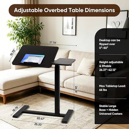 Adjustable Overbed Table with Tilt Board & Wheels, Rolling Bedside Laptop Desk for Hospital Bed Home Office, Height Adjustable Tray for Eating Working Reading, 26.18"-42.12" (Black)