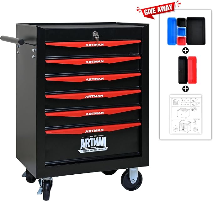 RYH 6 Drawers Rolling Tool Chest - Heavy Duty Mobile Tool Cart with Locking Wheels & Ball Bearing Drawers，30.5" H x 20.9" W x 13" D, Garage Tool Storage Cabinet (Black, 6 Drawers)