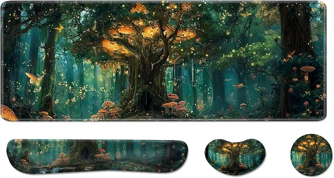 Desk Pad and Keyboard Wrist Rest, Large Mouse Pad + Keyboard Pad+Mouse Wrist Support, Non-Slip Desk Mat Protector for Office, Home 31.5×11.8 Inches Green Forest
