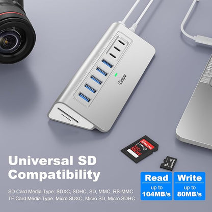 Powered USB Hub 10Gbps, Intpw YH6AC Plus 10-Port USB Hub 3.2 (USB A/USB C 3.2+3 USB-A 3.0+2 PD 45W Fast Charging Port+SD/TF Card Reader), 65W Power Adapter,Aluminum USB HUB for PC,Laptop,iPhone 17/16
