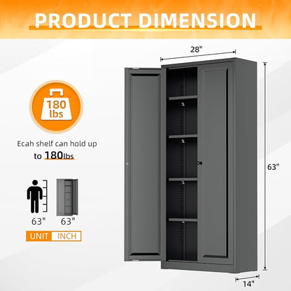 INTERGRAET Kitchen Pantry Cabinet, 63" Tall Metal Pantry Storage Cabinets with 2 Doors and 4 Shelves, Metal Storage Cabinet,Cupboard for Home,Kitchen,Living Room/Dining, Black