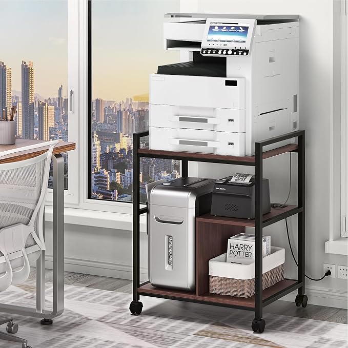 Lerliuo 24" Wide Large Printer Stand with Storage, Printer Table for Home Office with Charging Station, Rolling Industrial Mobile Printer Cart with Lockable Wheels, Computer Tower Stand, Walnut