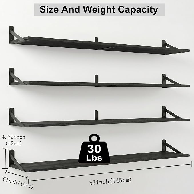 Long Wall Shelf,Large Floating Shelves for Wall,Wood Floating Bookshelves Hanging,Book Storage Display for Living Room Bedroom Office Bathroom Decor,4 Pack,57 Inch,Rustic Black
