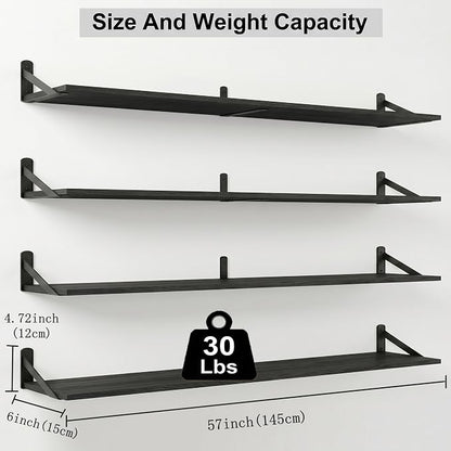 Long Wall Shelf,Large Floating Shelves for Wall,Wood Floating Bookshelves Hanging,Book Storage Display for Living Room Bedroom Office Bathroom Decor,4 Pack,57 Inch,Rustic Black