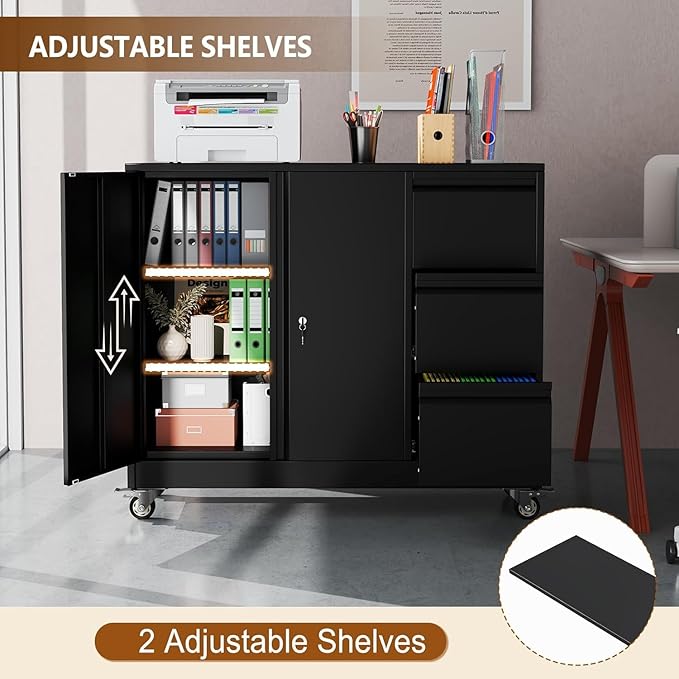 47" Rolling File Storage Locker Cabinet with 3-Drawer，Office Storage Cabinet with Adjustable Shelf & Universal Wheels, Mobile Printer Stand for Home Office, Living Dining Room,Black