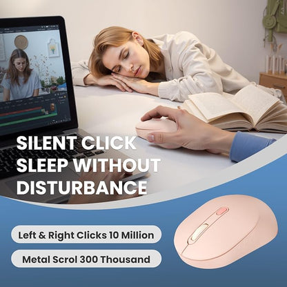 TECKNET Bluetooth Wireless Mouse, Bluetooth 5.2 & 2.4G USB Receiver, Compact & Portable, Silent Click, Ergonomic Symmetrical Design, 18-Month Battery, Adjustable DPI, Wide Compatibility - Pink