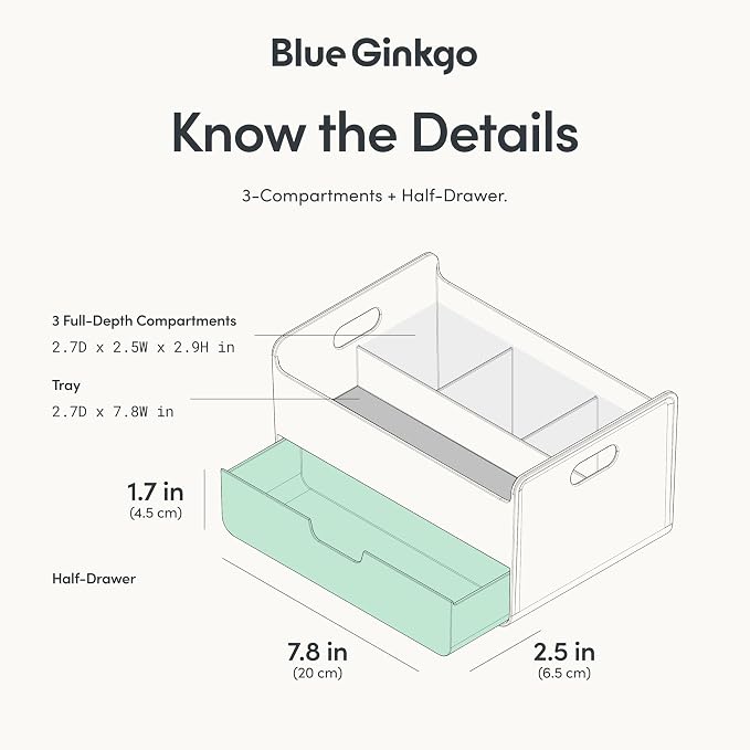 BLUE GINKGO Portable Desk Organizer – Compact 3 Compartment, Half-drawer Storage – Pen Holder, Stationery Desktop Organizer for Office, Makeup, Crafts (Made in Korea, Blue)