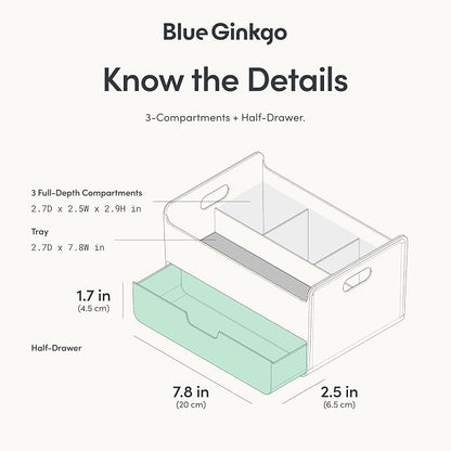 BLUE GINKGO Portable Desk Organizer – Compact 3 Compartment, Half-drawer Storage – Pen Holder, Stationery Desktop Organizer for Office, Makeup, Crafts (Made in Korea, Blue)