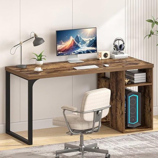 EXCEFUR Computer Desk for Home Office, Modern Writing Desk with Reversible Storage Shelves, Wood and Metal Gaming Study Table Workstations, 53 Inch, Rustic Brown