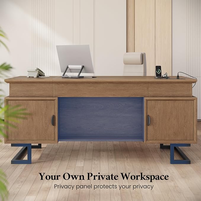 63" Executive Desk with Charging Station, Large Home Office Desks with 6 Drawers and 2 Storage Cabinets, File Drawer, Keyboard Tray, Privacy Panel, Desk Grommet, U-Shaped Metal Legs for Work and Study