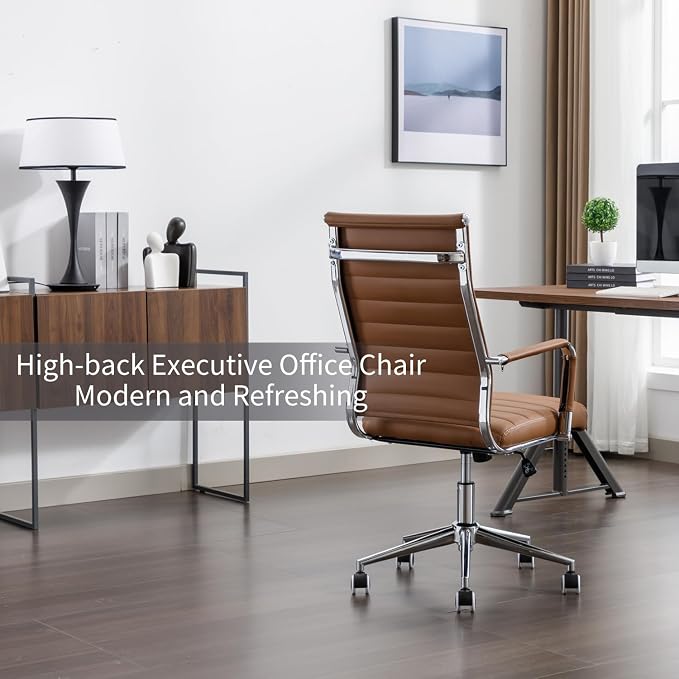 Office Desk Chair Leather, Conference Room Chairs with Wheels, Executive Modern High Back Ergonomic Swivel Rolling Ribbed Computer Chair(Brown)