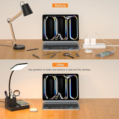 Desk Lamp, Table Lamp with Wireless Charger & USB Port, 800LM CRI95 3 Color Modes Dimmable Touch Flexible Arm Pen Holder, LED Desk Lamps for Home Office, College Dorm Room, Adapter Included