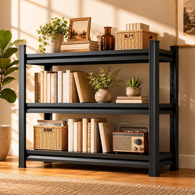 Modern Metal Book Shelf, Heavy Duty Black Bookshelf, Bolt-Free Deep Bookcase for CDs Movies Garage Kit, Adjustable Bookshelf in Living Room, Bedroom, Kitchen, Office, 36" W x14 D x32 H
