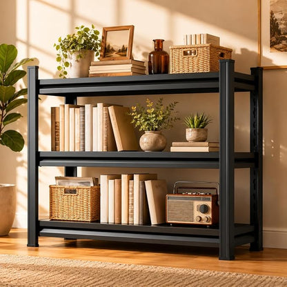Modern Metal Book Shelf, Heavy Duty Black Bookshelf, Bolt-Free Deep Bookcase for CDs Movies Garage Kit, Adjustable Bookshelf in Living Room, Bedroom, Kitchen, Office, 36" W x14 D x32 H