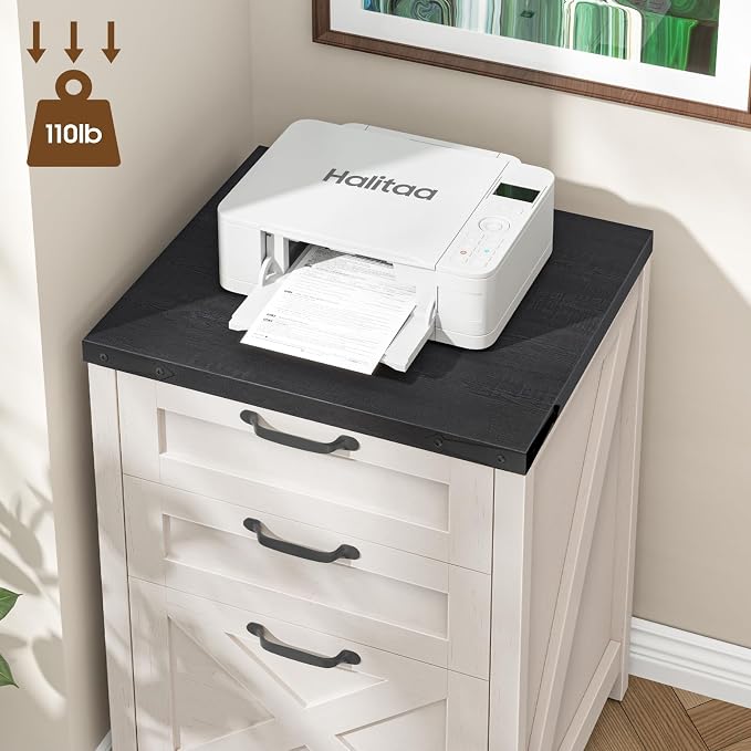 Halitaa 3 Drawer Small File Cabinet, Farmhouse Vertical Filing Cabinet Fits Letter and A4 Size, Under Desk Wooden File Cabinets for Home Office, Printer Stand, White and Black